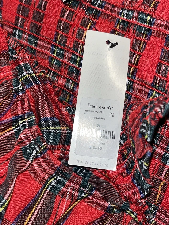 Francesca’s Holiday Red Plaid Smocked Top Mini Dress - Women’s US Medium New NWT - Image 4 of 4