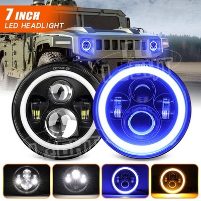 For Hummer H2 2003-2009 2PCS 180W 7''  Round LED Headlight w/Blue Halo Angel Eyes