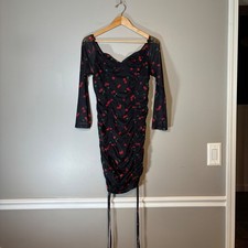 SHEIN Curve Black Cherry Print Ruched Bodycon Mini Dress 1XL Long Sleeve Mesh