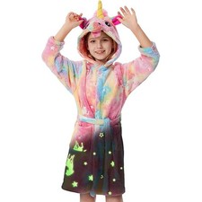 Kids Robes Glow in The Dark Unicorn Warm Fleece Hooded Fuzzy Bathrobe 3-12Years