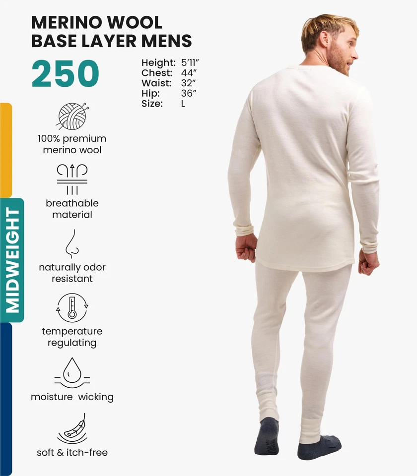Merino Wool Base Layer Mens Set - Heavyweight, Midweight, Lite Merino Wool Th... - Image 2 of 4