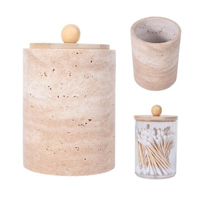 Travertine Marble Qtip Holder Dispenser with Lid & Clear Plastic Inner Jar - ...