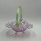 Fenton Footed Glass Pink Opalescent Rosemilk  Drape Basket Apple Green Handle