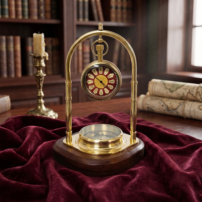Explorer Brass Desk Clock with Compass Base, Nautical Decor for Home Office Gift