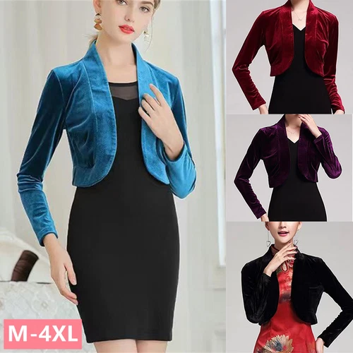 Damen Cropped Bolero Samt Cardigan Achselzucken Jacke vorne offen formell Hochzeit - Bild 4 von 17