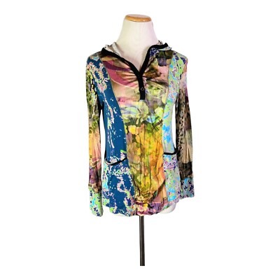 Alberto Makali Size M Mixed Fabrics Knit Hoodie Top Pockets Colorful