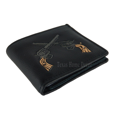 Crossed Guns Men's Black Genuine Leather Wallet Western Bi-Fold