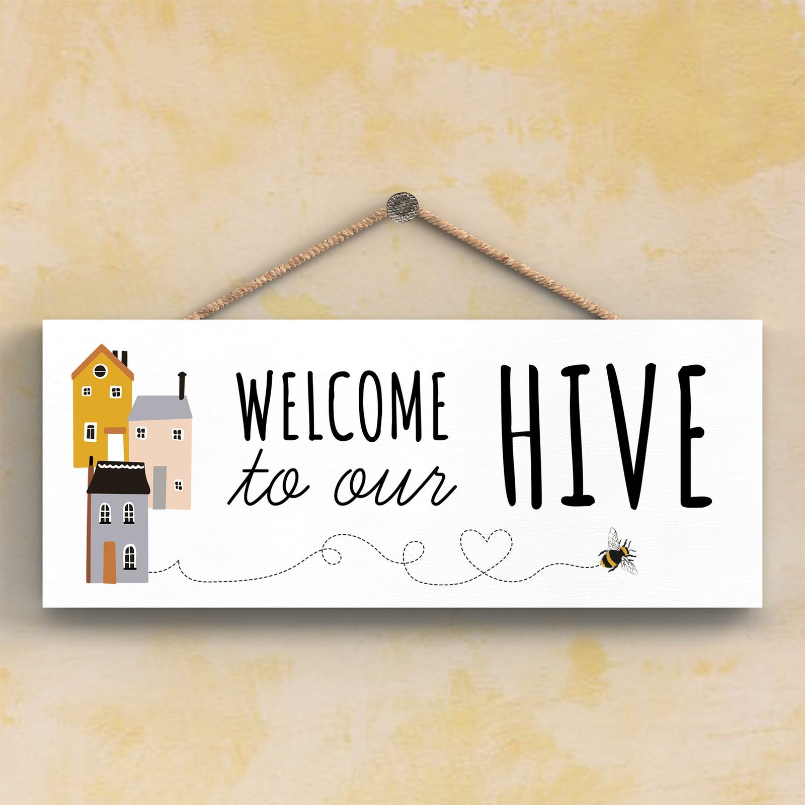 WELCOME TO OUR HIVE BEE THEMED DECORATIVE WOODEN RECTANGLE HANGING PLAQUE