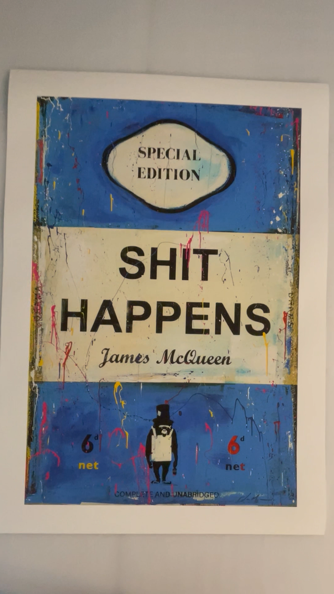 James McQueen - Shit Happens, Fine Art Giclee Print, Funny Pinguin