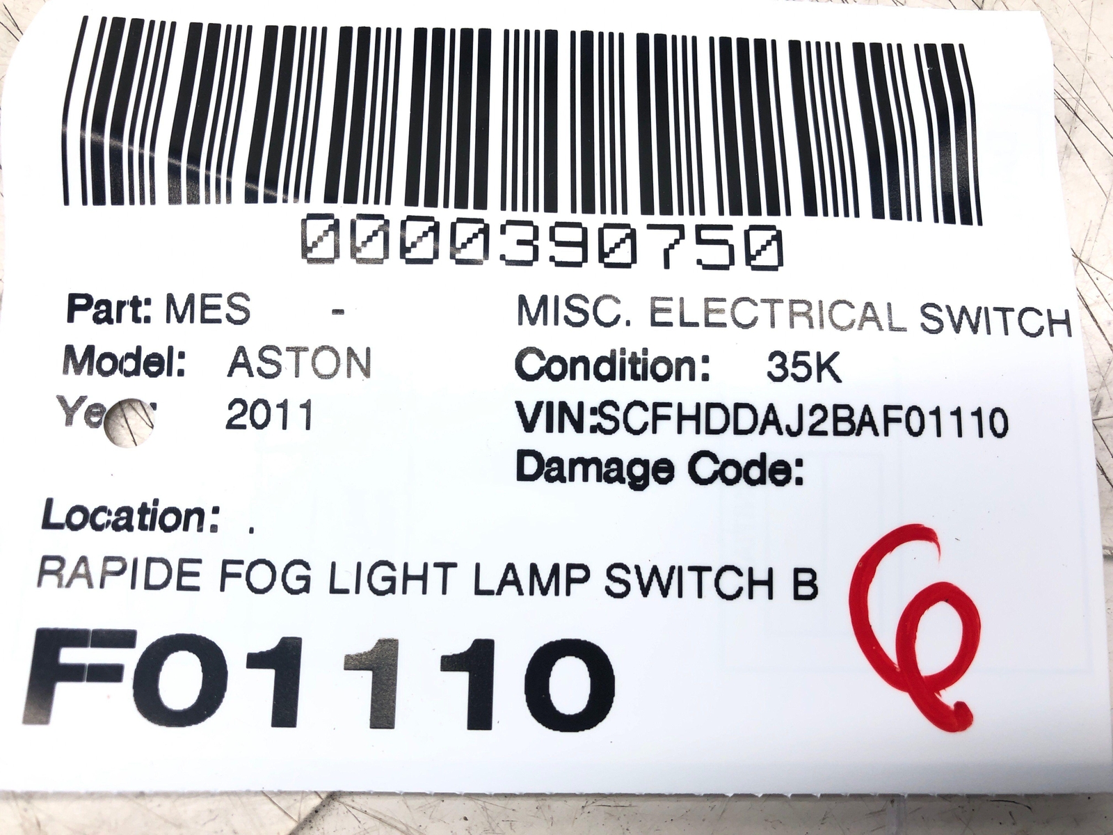ASTON MARTIN RAPIDE FOG LIGHT LAMP SWITCH BUTTON 6G33-15K237-AA OEM OEM