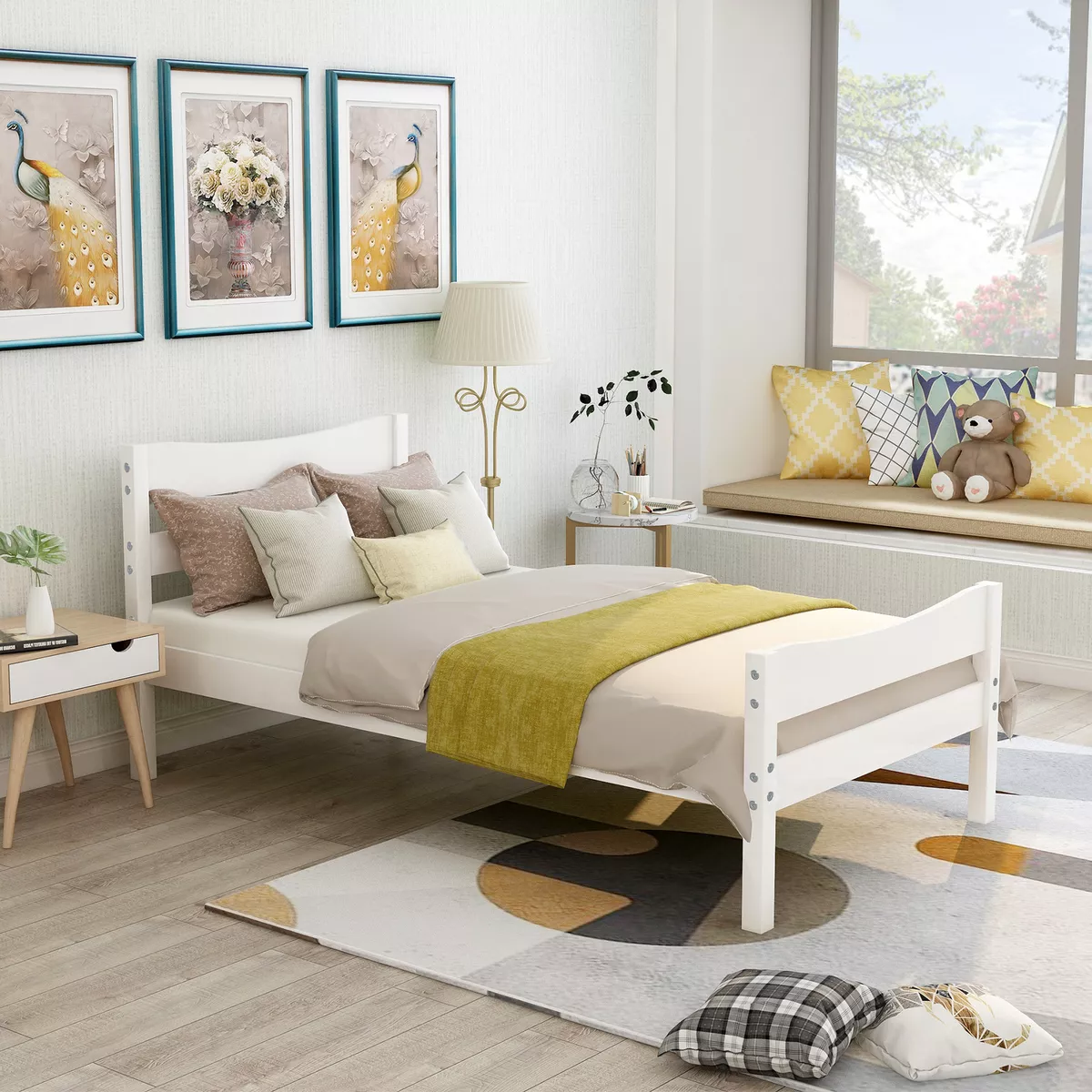 Twin Size Wood Platform Bed With Headboard And Wooden Slat Support For Kid Adult