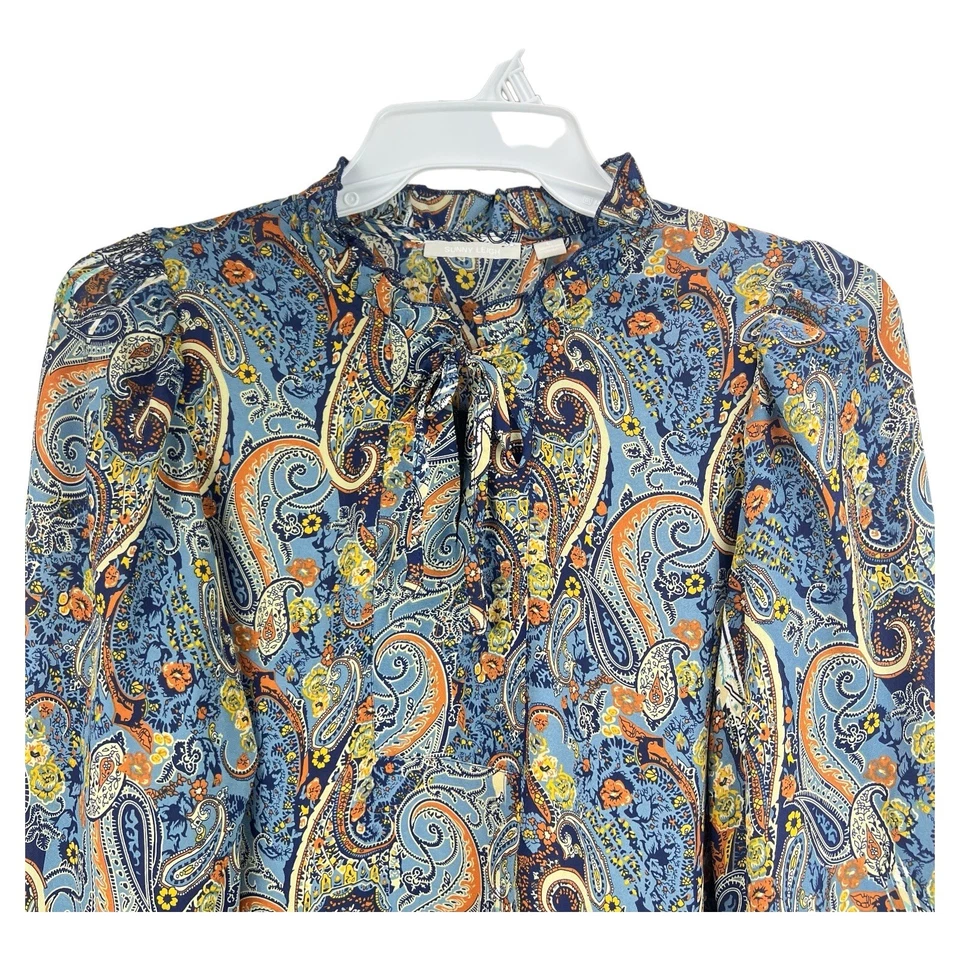 Sunny Leigh Blue Print Peasant Top Sz LARGE Tie Neck Ruffle Collar Puff Sleeves - Image 2 of 4