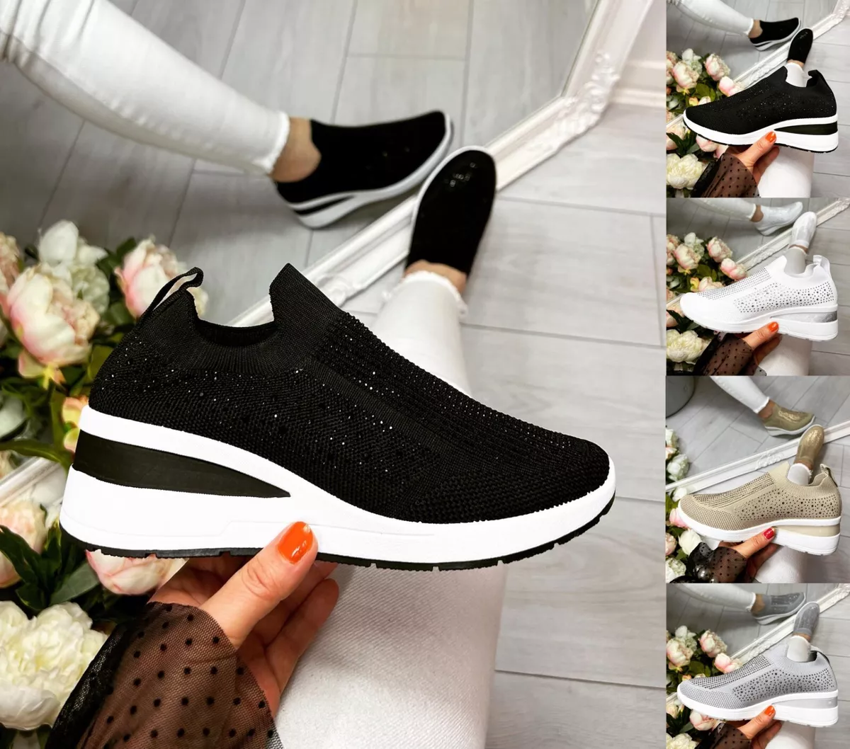 LADIES WOMENS DIAMANTE SOCK WEDGE SNEAKERS CLASSIC JOGGING PUMPS