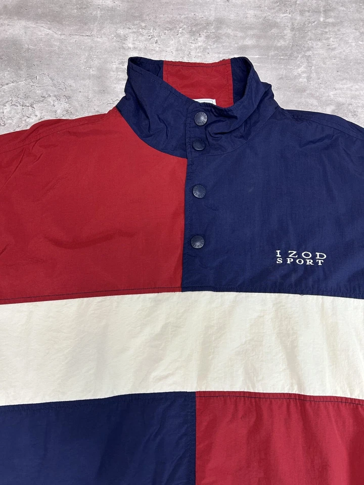 Chaqueta cortavientos vintage años 90 Izod Sport tricolor nailon 1/4 botón talla grande Foto 4 de 4
