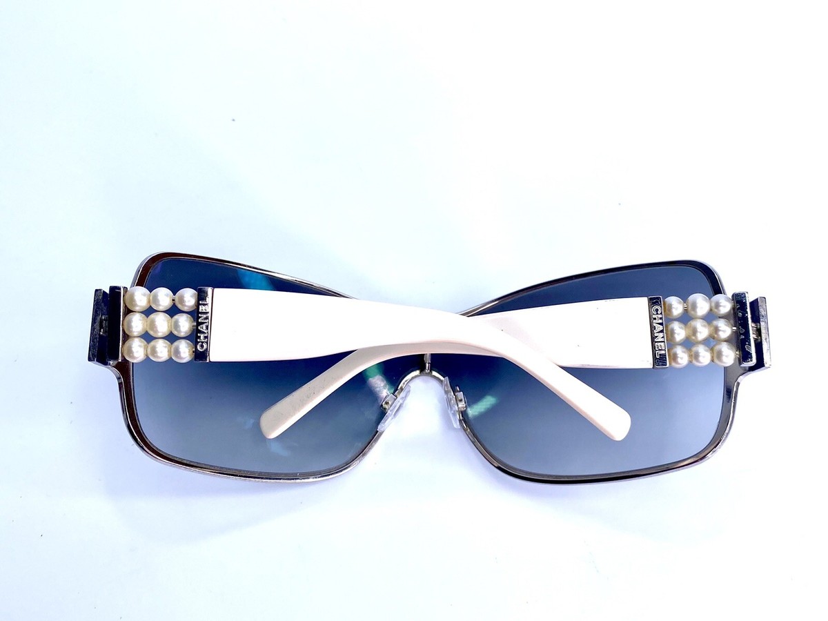 VTG Y2K CHANEL Silver, White Pearl Temples Wrap Sunglasses Made in