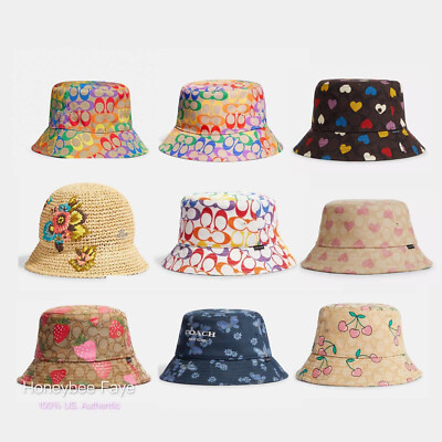 NWT Coach women's Bucket Hat Hawaiian Floral Crochet/Rainbow /Heart Cherry 