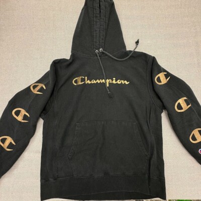 Champion Reverse Weave Hoodie Sweatshirt Black Size Large Gold Arm Logos 