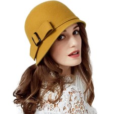 Women Solid Color 100 Wool Winter Hat Women Cloche Bucket Bowler with Bowknot