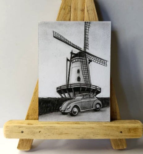 ACEO Original Art Charcoal Drawing Windmill Classic Car Miniature Black White