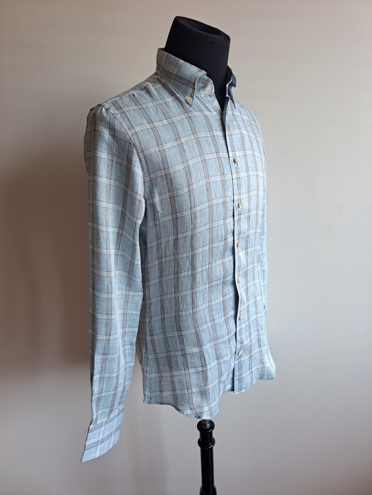 NEW Stenstroms Checked Blue Button Down Slim 100percent Linen Dress Shirt Size M image 4