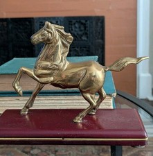 Vintage Brass Horse in Motion Statue Stallion on Wood Base Equestrian Animal Art