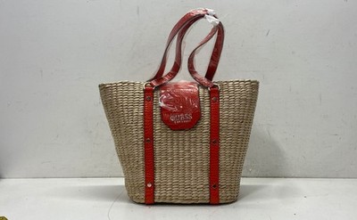 Guess Orange Woven Straw Faux Croc Trim Tote Bag Large New