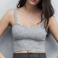 Zara Gray Wool Camel Blend Ribbed Knit Cropped Top Size M