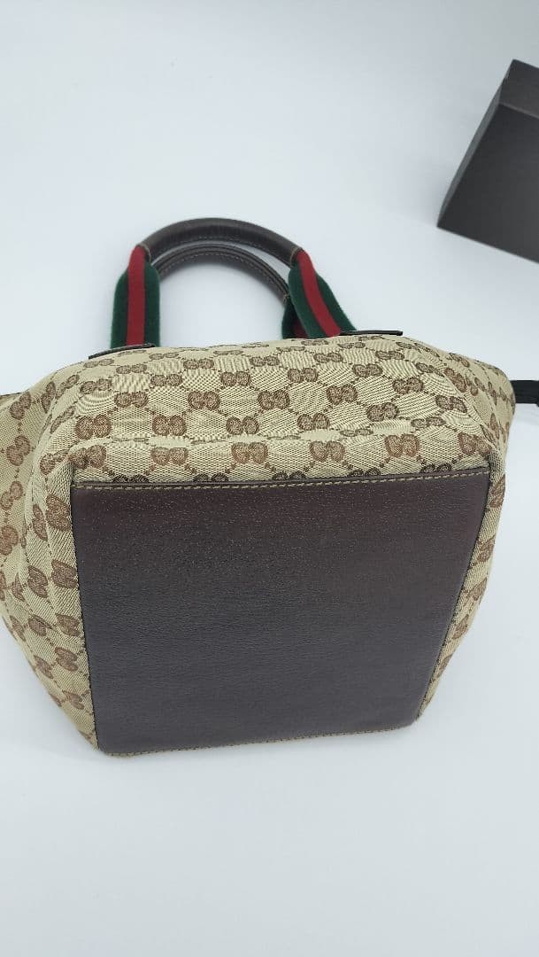 GUCCI GG Canvas Tote Bag Beige Brown Green Red Leather Stripes Authentic thumbnail 6