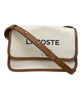 LACOSTE Heritage Canvas Flap Closure Cotton Shoulder Bag Ivory Used Authentic