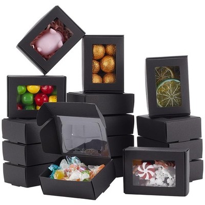 100 Pack Black Kraft Boxes with Clear Window, 3.4x2.4x1.2inch Present Packagi...
