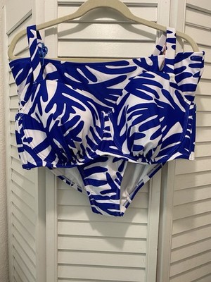 KONA SOL Women s 2pc  Underwire Top Swimsuit Size 1X (18) Blue/White Coral NWOT