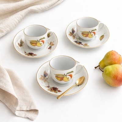 Royal Worcester Evesham Gold Tea Cups & Saucers Set of 3 England Fruit Porcelain