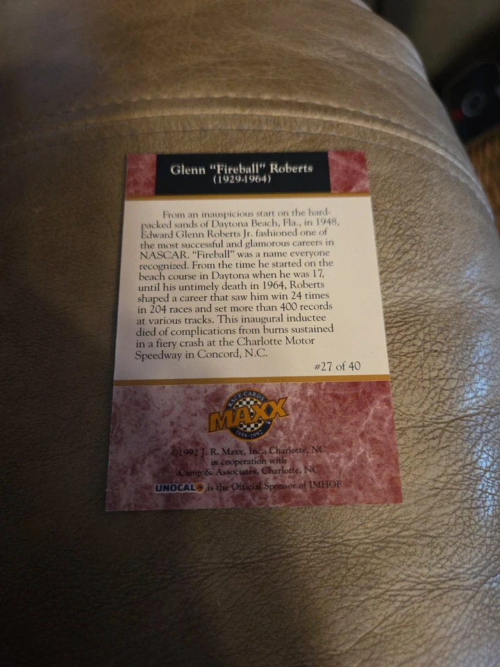 1992 Maxx International Motorsports Hall of Fame Fireball Roberts Glenn #27 HOF - Image 2 of 2