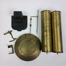 Antique Peerless Gong Grandfather Clock Parts, Brass Pendulum, Weight Shells