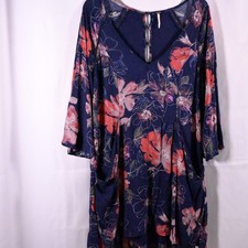 Free People Womens 6 Navy Floral Eyes On You Mini Tunic Dress Boho 3/4 Sleeve