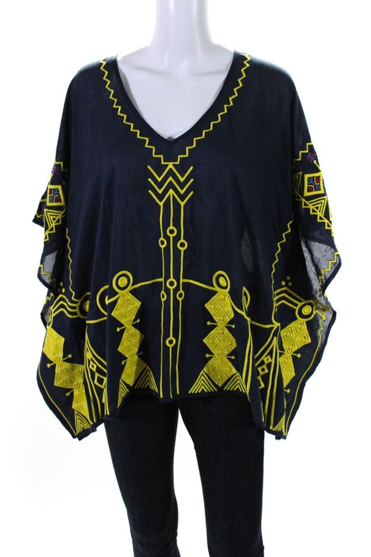 Figue Womens Cotton Embroidered Deep V-Neck Tunic Top Blouse Navy Blue Size S LL