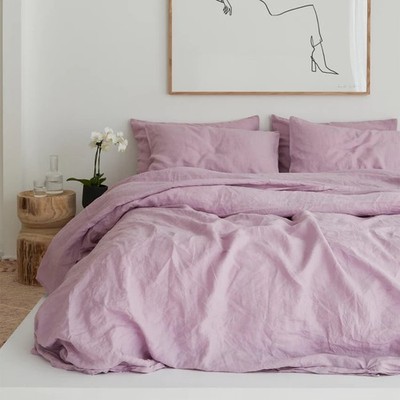 Lilac 100% Linen Duvet Cover & 2 Pillowcases Softened Linen with Coconut Buttons