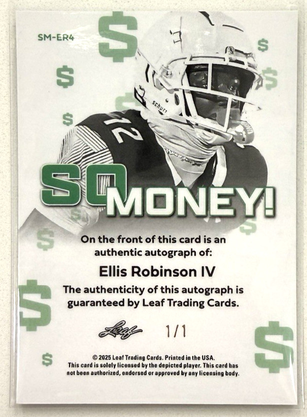 2025 Leaf Metal Football So Money! Gold Prismatic Auto 1/1 Ellis Robinson IV view 2