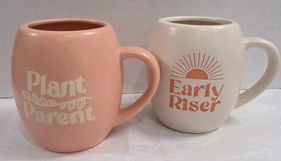 2 Mugs Plant Parent Early Riser 13.5 oz Coffee Tea Earthenware Garden Boho 