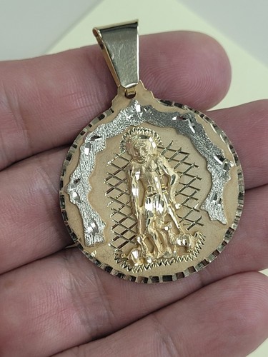 14K Gold Saint Lazarus Pendant Round Medall Religious Jewelry Two Tone San Lazar - Picture 6 of 9