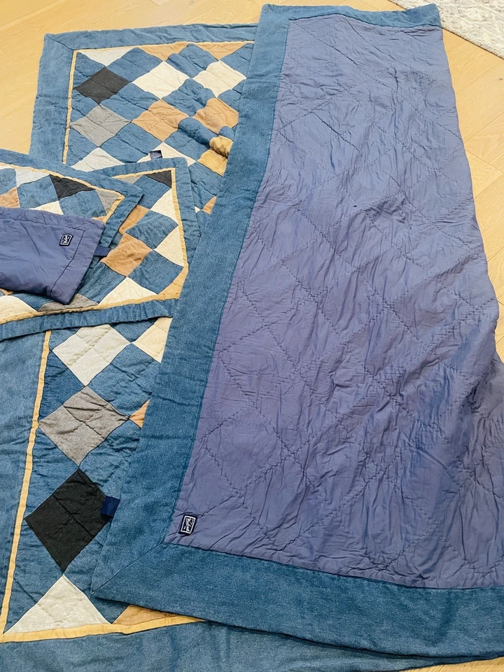 Woolrich Heavy Denim Patchwork Queen & 2 shams Quilt Cabin 93"x86" blue denim - Image 2 of 4