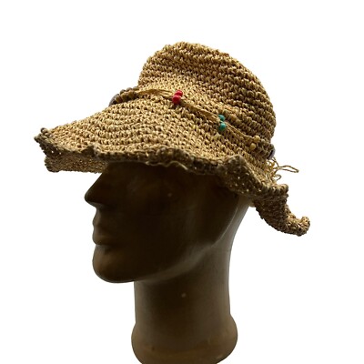 Saks Fifth Avenue Blue Women's OS Straw Hat Boho Hippie Floppy Wide Brim  Woven