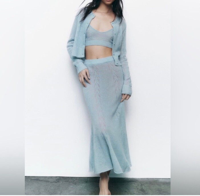 Zara Blue Pointelle Knit Midi Skirt Size M 2142/137 Wool And
