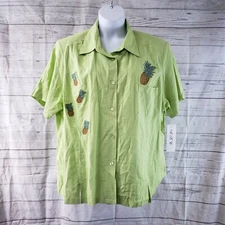 A.K.C. Womens Top Sz 3X Green Linen Embroidered Pineapples Linen Blend
