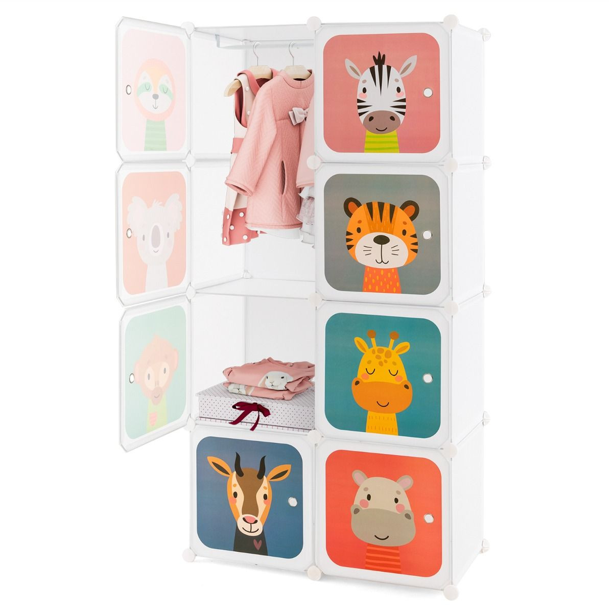 Meuble rangement enfants à motifs animaux pour créer un coin de jeu ordonné dans le salon