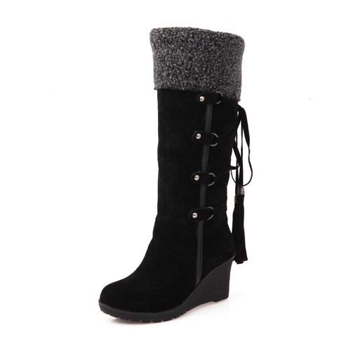 Womens Faux Suede Fur Trim Knee High Snow Boots Winter Warm Shoes Mid Calf Boot - Picture 13 of 15