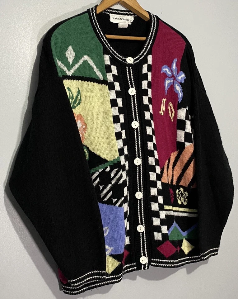 Cárdigan Norton Mcnaughton de Colección Años 90 Suéter Grande Arte Abstracto Gótico a Cuadros Foto 3 de 4