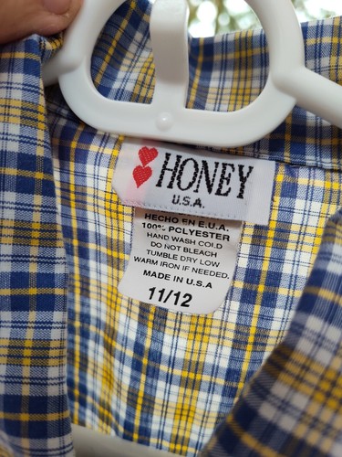 Boy Teens Flannel Dress Shirt Button Up Honey U.S.A SIZE 11/12 KIDS Yellow Blue - Picture 3 of 5