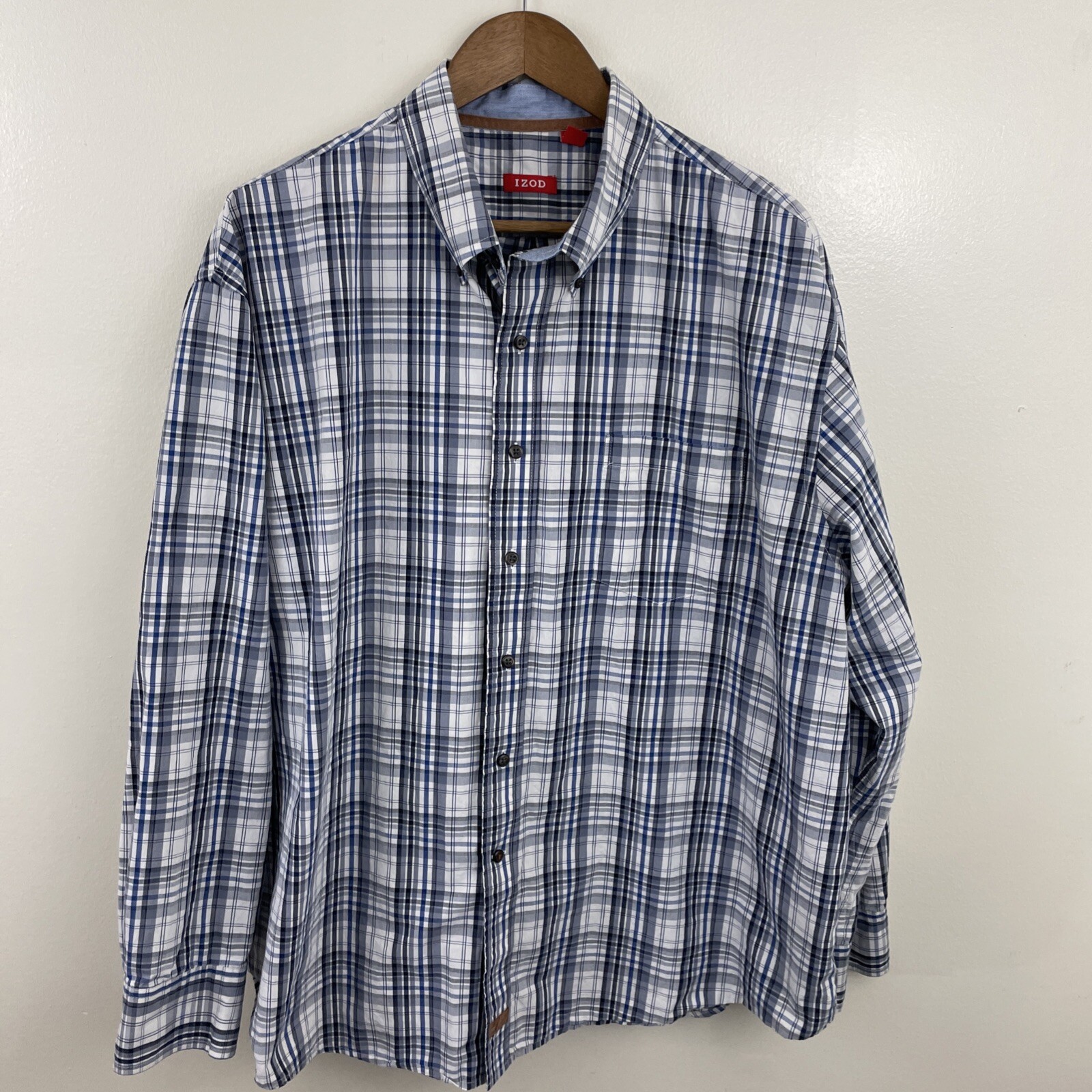 IZOD Shirt Mens 2XL XXL Blue & White Plaid Long Sleeve Button Down *READ