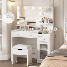 Vanity with Mirror and Lights, Makeup Vanity Table with Charging Station, Cute V
